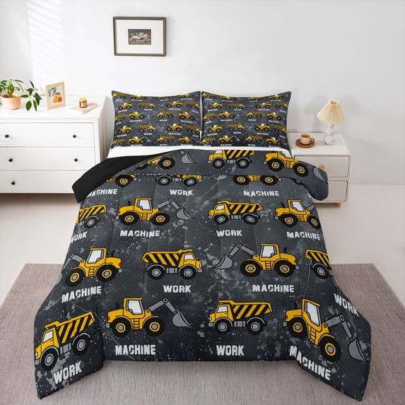 Manfei Cute Cars Full Size Comforter Sets,Boys Friendly Theme Bedding Comforter Set,Yellow,Black Reversible,3 Pieces,1 Comforter and 2 Pillowcases
