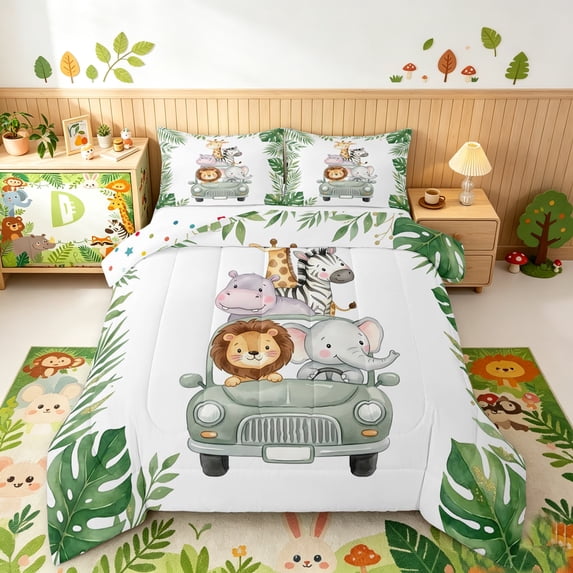 Manfei Cute Cartoon Animal Queen Comforter Set, Woodland Tropical Leaf Comforter Sets Queen, White Green, Polkadot Reversible, 3 Pieces, 1 Comforter and 2 Pillowcases