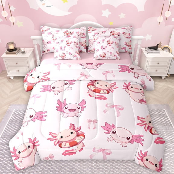 Manfei Cute Cartoon Axolotl 7-Piece Twin Bedding Sets,Kawaii Bowtie Ribbon Bedding Comforter Set,Pink Bowknot Bow Sheet Sets For Girls Kids,Super Cozy Room Decor Reversible