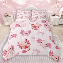 Manfei Cute Cartoon Axolotl Bedding Comforter Set,Kawaii Bowtie Ribbon Twin Comforter Sets,Pink Bowknot Bow Bedding Set For Girls Kids,Super Cozy Room Decor Reversible,2 Pieces