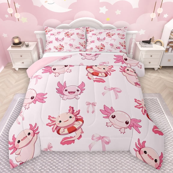Manfei Cute Cartoon Axolotl Bedding Comforter Set,Kawaii Bowtie Ribbon Twin Comforter Sets,Pink Bowknot Bow Bedding Set For Girls Kids,Super Cozy Room Decor Reversible,2 Pieces