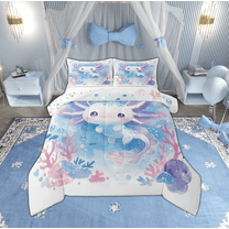 Manfei Cute Cartoon Axolotl Bedding Comforter Set for Teens, Blue Watercolor Twin Comforter Sets, Dreamy Marine Coral Reversible Bedding Set, Super Cozy Room Decor, 2 Pieces