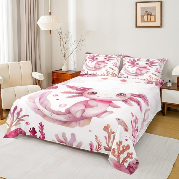 Manfei Cute Cartoon Axolotl Queen Sheet Sets for Teens, Pink Kawaii Sealife Flat Sheet, Marine Coral Queen Fitted Sheet, Lightweight Room Decor, 4 Pieces