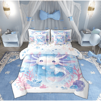 Manfei Cute Cartoon Axolotl Twin Bedding Sets 7-Piece for Teens, Blue Watercolor Bedding Comforter Set, Dreamy Marine Coral Reversible Sheet Sets, Super Cozy Room Decor