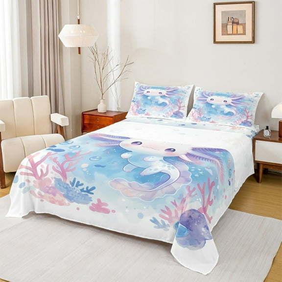 Manfei Cute Cartoon Axolotl Twin Sheet Sets for Teens, Blue Watercolor Twin Fitted Sheet, Dreamy Marine Coral Flat Sheet, Super Cozy Room Decor, 3 Pieces