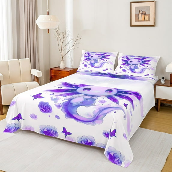 Manfei Cute Cartoon Axolotl Twin Sheet Sets for Teens, Purple Dreamy Butterfly Twin Fitted Sheet, Kawaii Animal Flat Sheet, Super Cozy Room Decor, 3 Pieces