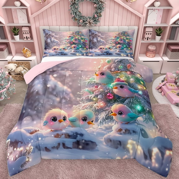 Manfei Cute Cartoon Bird Bedding Comforter Set for Teen, Winter Snow Snowflake Twin Comforter Sets, Bling Christmas Tree Reversible Bedding Set, Ultra Soft Bedroom Decor, 2 Pieces