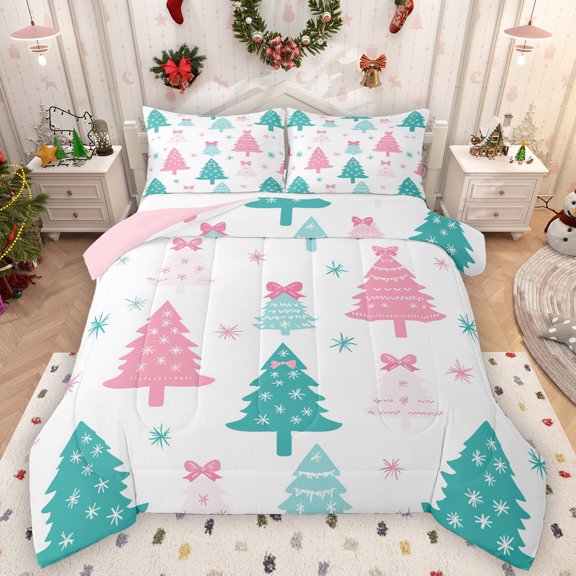 Manfei Cute Cartoon Bow Bedding Comforter Set,Pink Cyan Christmas Tree Twin Comforter Sets,Happy New Year Bedding Set For Gir L Kids,Breathable Home Decor Reversible,2pcs