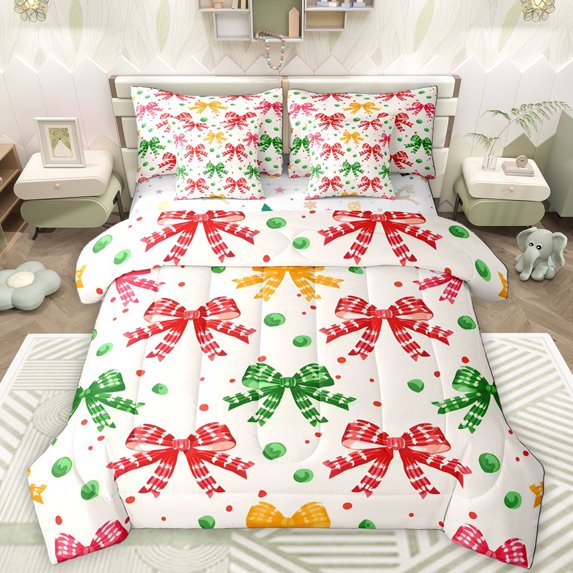 Manfei Cute Cartoon Bowknot 7-Piece Twin Bedding Sets,Colorful Bow Tie Bedding Comforter Set,Red Green Beige Sheet Sets For Girl,Breathable Home Decor Reversible