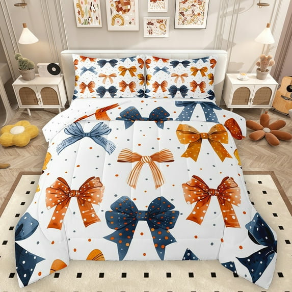 Manfei Cute Cartoon Bowknot Bedding Comforter Set,Colorful Polka Dots Twin Comforter Sets,Orange Blue White Bedding Set For Girl,Breathable Home Decor Reversible,2-Piece