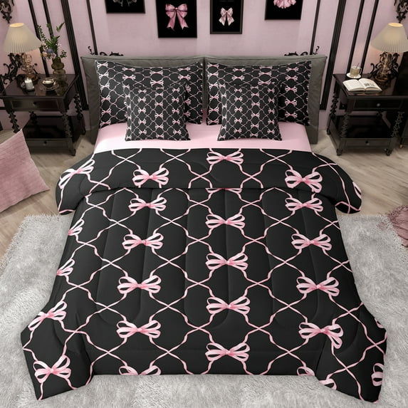 Manfei Cute Cartoon Bowtie 7 Pieces Bedding Comforter Set,Geometric Waves Stripe Full Bedding Set,Pink Black Fitted Sheet Flat Sheet For Girls Kids,Microfiber Bedroom Decor Reversible
