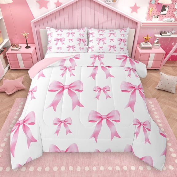 Manfei Cute Cartoon Bowtie Queen Comforter Set,Ribbon Bow Knot Bedding Sets,Pink White Bedding Comforter Set For Girls,Microfiber Bedroom Decor Reversible,3 Pieces