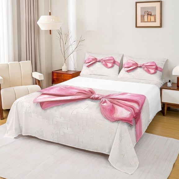 Manfei Cartoon Bow Twin Sheet Set,Pink Gray Oil Painting,3-Piece