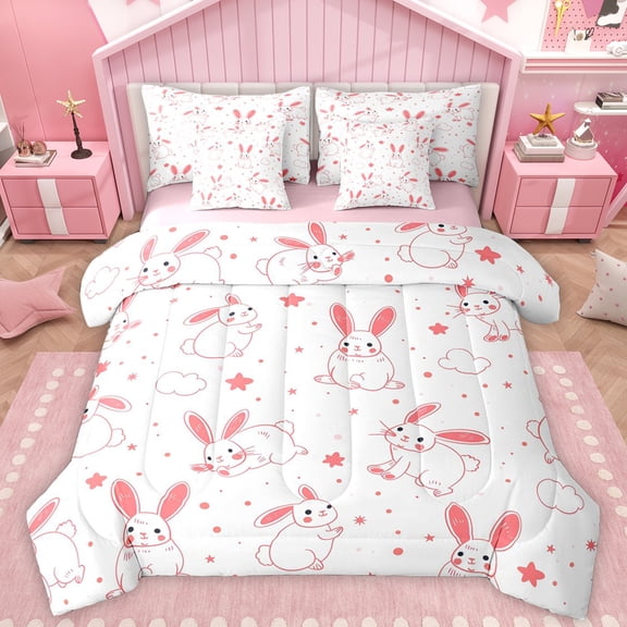 Manfei Cute Cartoon Bunnies Bedding Comforter Set 7pcs for Kids, Kawaii Rabbit Animal King Bedding Sets, Pink Stars Cloud Reversible Bed Sheets, Luxury Bedroom Decor