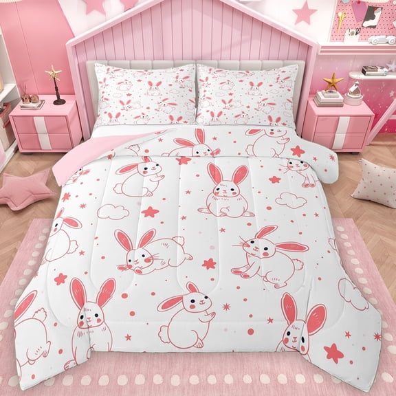 Manfei Cute Cartoon Bunnies Queen Comforter Set for Kids, Kawaii Rabbit Animal Bedding Sets, Pink Stars Cloud Reversible Bedding Comforter Set, Luxury Bedroom Decor, 3-Piece