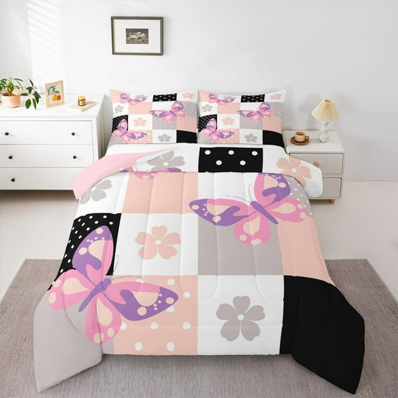 Manfei Cute Cartoon Butterfly King Size Comforter Sets,Kawaii Flower Floral Bedding Comforter Set,Pink Whiute Black Patchwork Plaid Bedding Set For Girls,Ultra Soft Home Decor Reversible,3-Piece