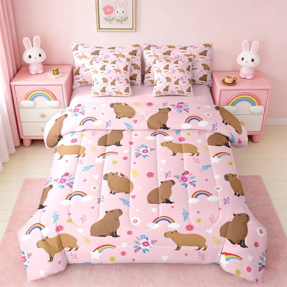 Manfei Cute Cartoon Capybara 7pcs Bedding Comforter Set,Girls Flower Floral Queen Bedding Sets,Pink Brown Queen Sheet Sets For Princess,Microfiber Bedroom Decor Reversible
