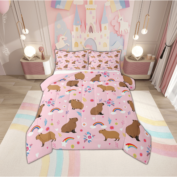 Manfei Cute Cartoon Capybara Full Size Comforter Sets,Girls Flower Floral Bedding Comforter Set,Pink Brown Bedding Sets For Princess,Microfiber Bedroom Decor Reversible,3 Pieces