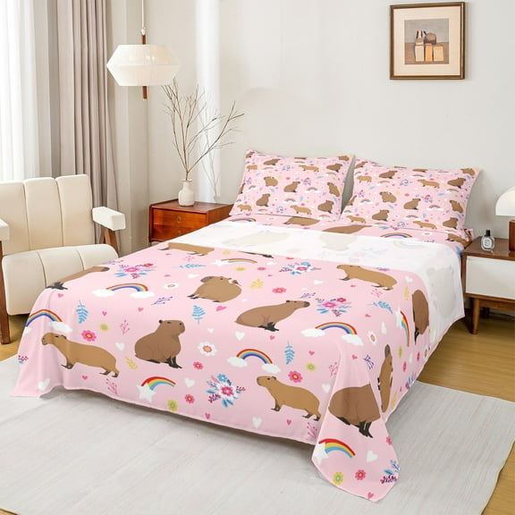 Manfei Cute Cartoon Capybara Twin Sheet Sets,Girls Flower Floral Twin Fitted Sheet,Pink Brown Flat Sheet For Princess,Microfiber Bedroom Decor,3-Piece