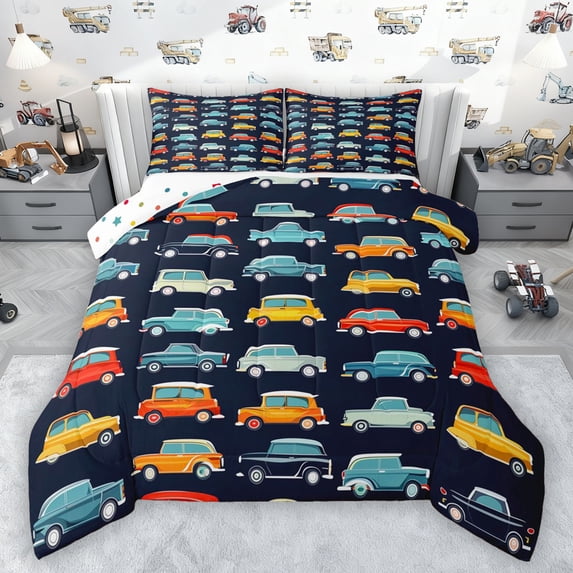 Manfei Cute Cartoon Car Bedding Comforter Set,Colorful Vehicle Twin Comforter Sets,Black Blue Yellow Bedding Set For Boys Kids,Microfiber Bedroom Decor Reversible,2pcs