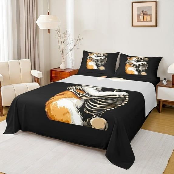 Manfei Cute Cartoon Cat King Sheet Set,Halloween Skeleton,Pet Lover,4-Piece Luxury