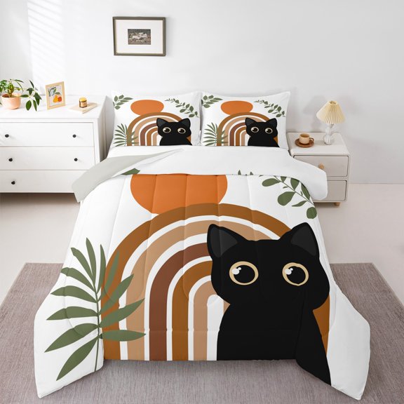 Manfei Cute Cartoon Cat Bedding Comforter Set,Black Pet Kitten Twin Comforter Sets,Boho Style Lines Bedding Set For Teens,Luxury Bedroom Decor Reversible,2 Pieces