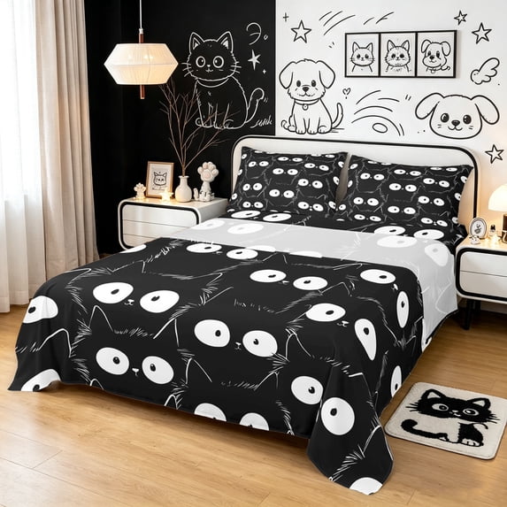 Manfei Cute Cartoon Cat King Sheets, Abstract Kitten Bedding, Black White, 4 Pieces, 1 Flat Sheet, 1 Fitted Sheet and 2 Pillowcases