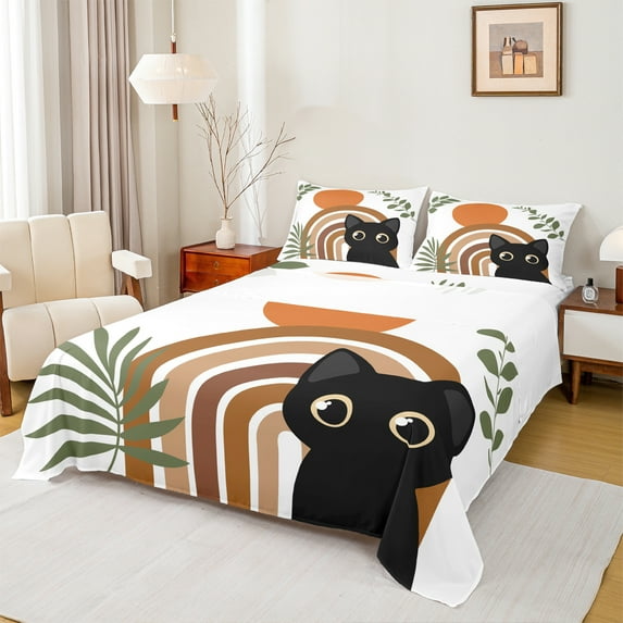 Manfei Cute Cartoon Cat Twin Sheet Sets,Black Pet Kitten Twin Fitted Sheet,Boho Style Lines Flat Sheet For Teens,Luxury Bedroom Decor,3 Pieces