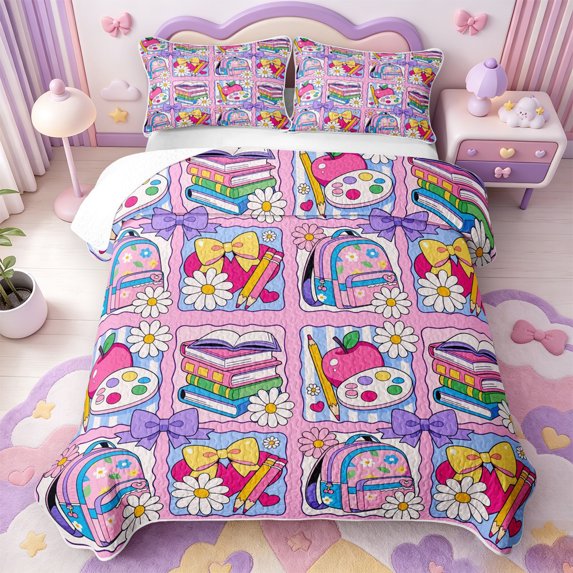 Manfei Cute Cartoon Daisy Quilt Full,Colorful Kawaii Schoolbag Full Bedspread Sets,3pcs,1 Coverlet and 2 Pillowcases