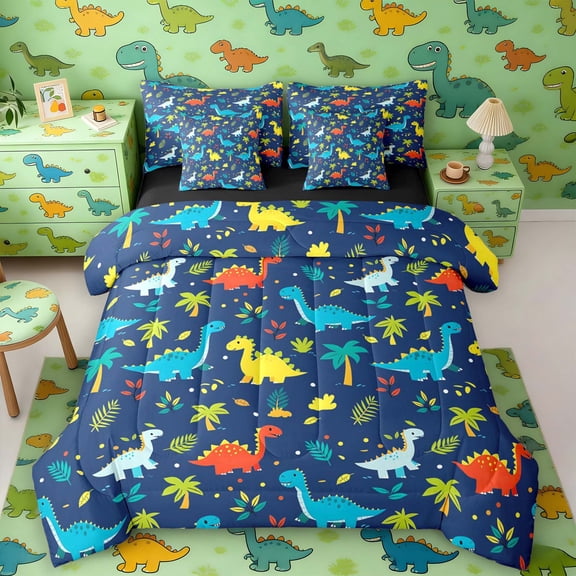 Manfei Cute Cartoon Dino Animals 7-Piece Twin Bedding,Kawaii Palm Tree Plant Bedding Comforter Set,Blue Yellow,Black Reversible