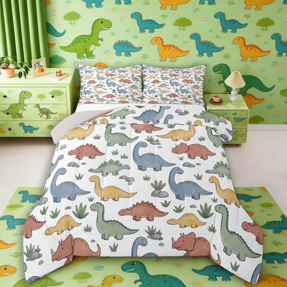 Manfei Cute Cartoon Dino Animals King Size Comforter Sets,Fantasy Grass Comforters King Size,White Gray,Light Gray Reversible,3pcs,1 Comforter and 2 Pillowcases