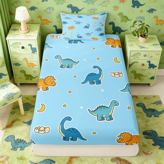 Manfei Cute Cartoon Dino Animals Twin Fitted Sheet,Kawaii Stars Moon Bedding,Blue Orange,2-Piece,1 Fitted Sheet and 1 Pillowcase