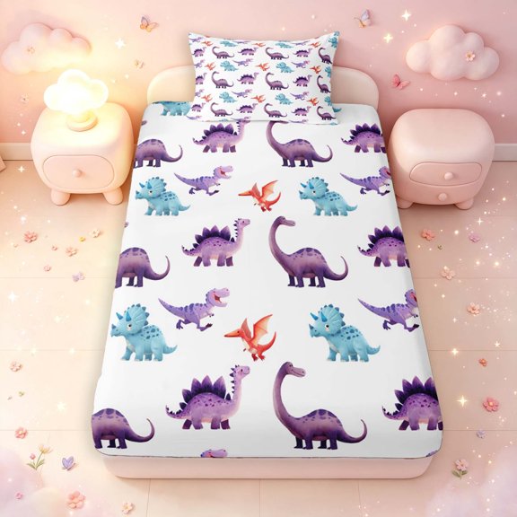 Manfei Cute Cartoon Dino Animals Twin Fitted Sheet,Kawaii Wildlife Bedding,White Pink,2 Pieces,1 Fitted Sheet and 1 Pillowcase