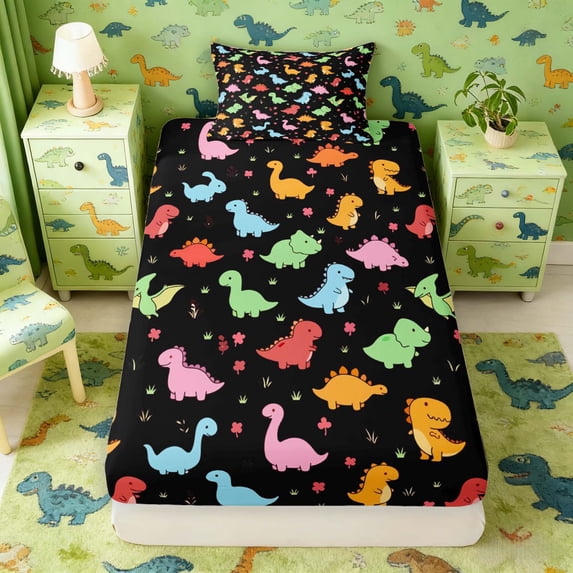 Manfei Cute Cartoon Dino Animals Twin Fitted Sheet,Lovely Flowers Bedding,Black Green,2-Piece,1 Fitted Sheet and 1 Pillowcase