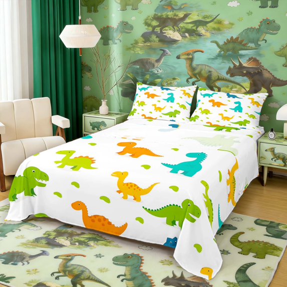 Manfei Cute Cartoon Dinosaur Animals Queen Sheets,Kawaii Leaf Queen Sheet Sets,White Green,4-Piece,1 Flat Sheet,1 Fitted Sheet and 2 Pillowcases