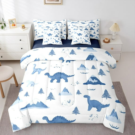 Manfei Cute Cartoon dinosaur 7 Pieces Bedding Comforter Set,Natural Mountain Pine Full Bedding Set,Blue White Fitted Sheet Flat Sheet For Boys,Breathable Home Decor Reversible
