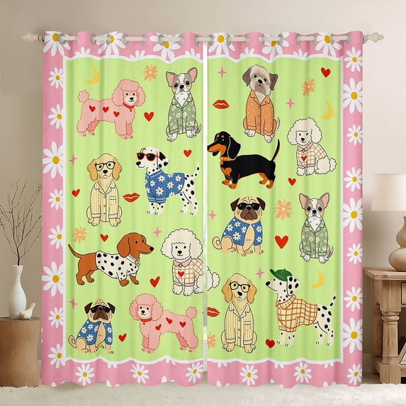 Manfei Cute Cartoon Dog Blackout Curtains, Daisy Groovy Window Curtains Pack of 2 (38x45 Each), Green Pink