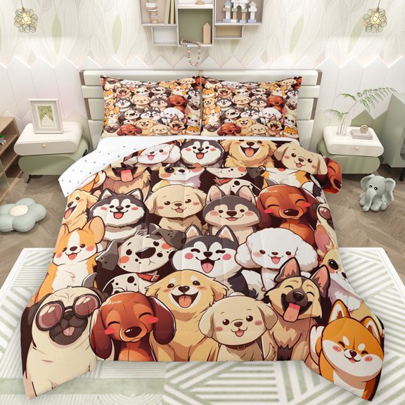 Manfei Cute Cartoon Dogs Bedding Comforter Set,Pet Animal Lovers Twin Comforter Sets,Beige Orange Gray Bedding Set For Boys Girl,Ultra Soft Home Decor Reversible,2 Pieces