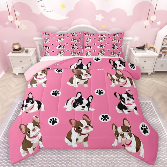 Manfei Cute Cartoon Dogs Bedding Comforter Set,Pet Dog Paws Twin Comforter Sets,Pink Black Bedding Set For Boys Girl,Ultra Soft Home Decor Reversible,2pcs