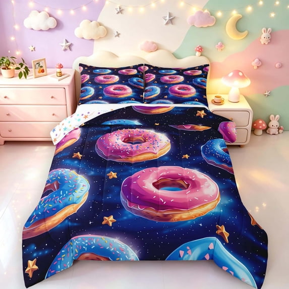 Manfei Cute Cartoon Donuts Full Size Comforter Sets,Celestial Starry Bedding Comforter Set,Blue Pink,Colorful Stars Reversible,3 Pieces,1 Comforter and 2 Pillowcases