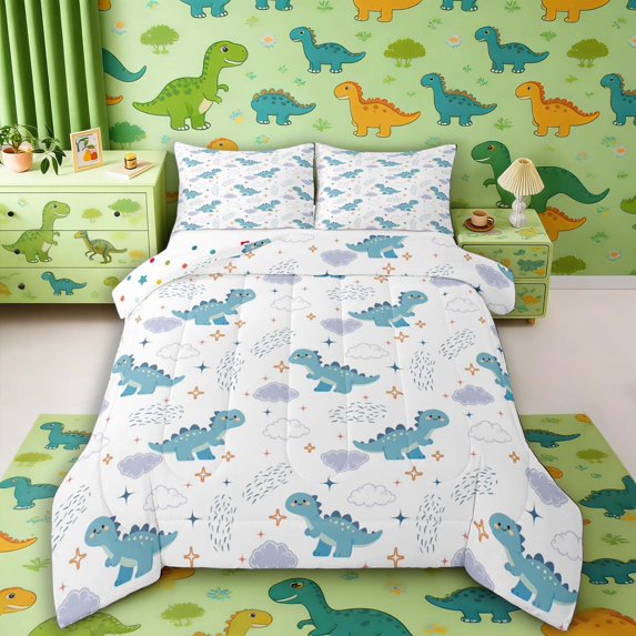 Manfei Cute Cartoon Dragon Animals Queen Comforter Set,Kawaii Cloud Stars Comforter Sets Queen,White Blue,Polkadot Reversible,3pcs,1 Comforter and 2 Pillowcases