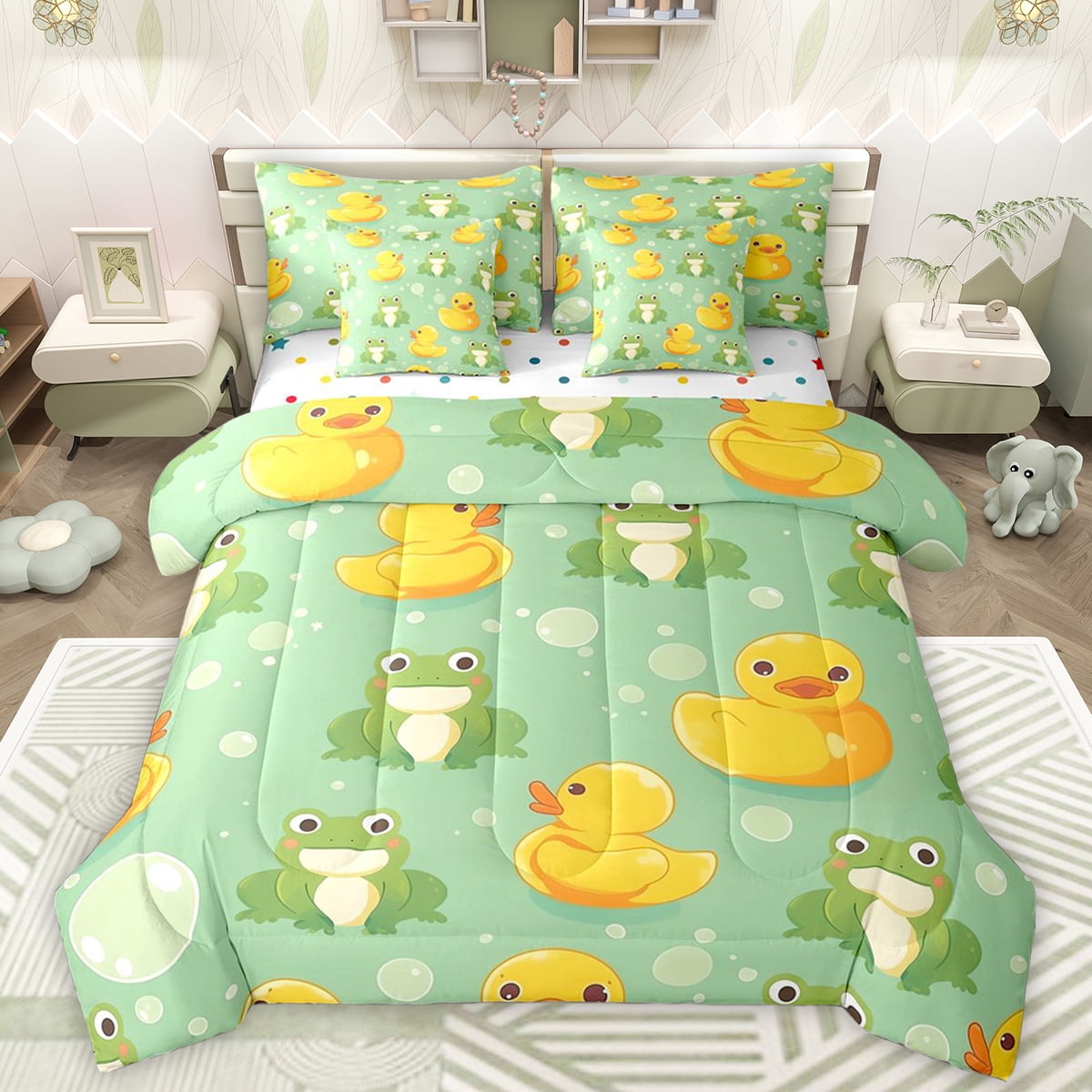 Manfei Cute Cartoon Duck 7-Piece Twin Bedding Sets,Kawaii Frog Bedding ...