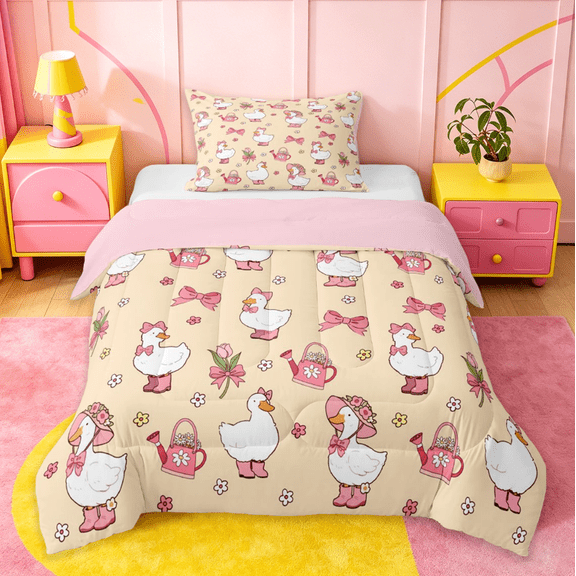 Manfei Cute Cartoon Duck Twin Comforter Sets,Pink Ribbon Bow Bedding Set For Girls Kids,Pink Reversible,2 Pieces
