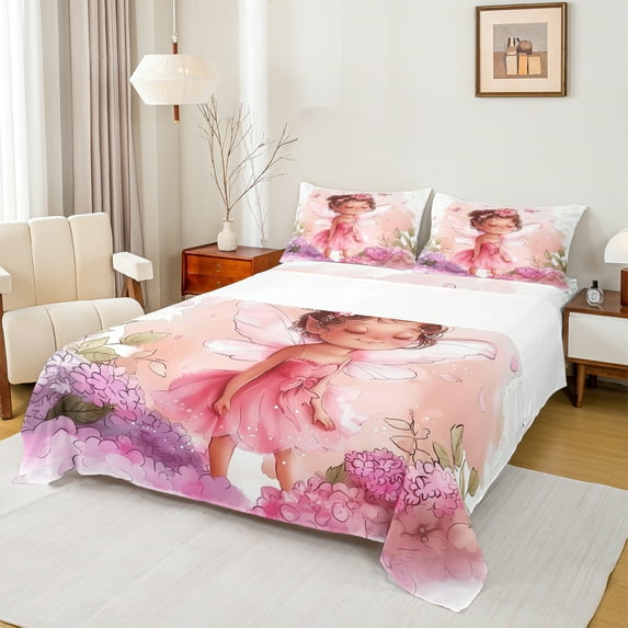 Manfei Cute Cartoon Elf Full Size Sheets,Chic Flower Floral Bed Sheets,Pink Purple White Sheet Sets For Girls,Breathable Home Decor,4-Piece
