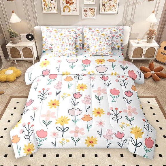 Manfei Cute Cartoon Floral 7 Pieces Bedding Comforter Set,Rainbow Kawaii Floral Full Bedding Set,Pink Orange White Fitted Sheet Flat Sheet For Girls,Luxury Bedroom Decor Reversible