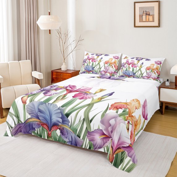 Manfei Cute Cartoon Floral Queen Sheet Sets,Rainbow Kawaii Floral Flat Sheet,Purple Pink White Queen Fitted Sheet For Girls,Luxury Bedroom Decor,4-Piece