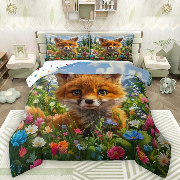 Manfei Cute Cartoon Flower Bedding Comforter Set,Kawaii Wild Fox Twin Comforter Sets,Multicolor Floral Kawaii Daisy Bedding Set For Girl,Super Cozy Room Decor Reversible,2pcs
