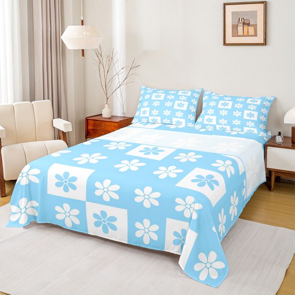 Manfei Cute Cartoon Flowers Queen Sheet Sets,Lovely Floral Blossom Flat Sheet,White Blue Checkered Queen Fitted Sheet For Kids,Microfiber Bedroom Decor,4 Pieces