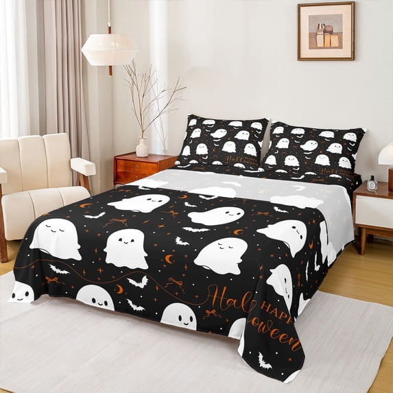 Manfei Cute Cartoon Ghost Bat King Sheets for Kids, Happy Halloween Theme Bedding, 4-Piece, 1 Flat Sheet, 1 Fitted Sheet and 2 Pillowcases