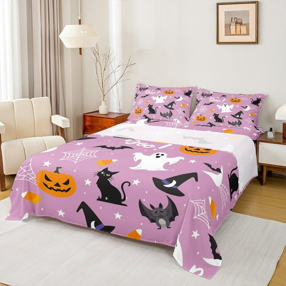 Manfei Cute Cartoon Ghost Bed Sheets,Happy Halloween King Sheets,Black Cat Btas Sheet Set For Teens,Ultra Soft Home Decor,4-Piece